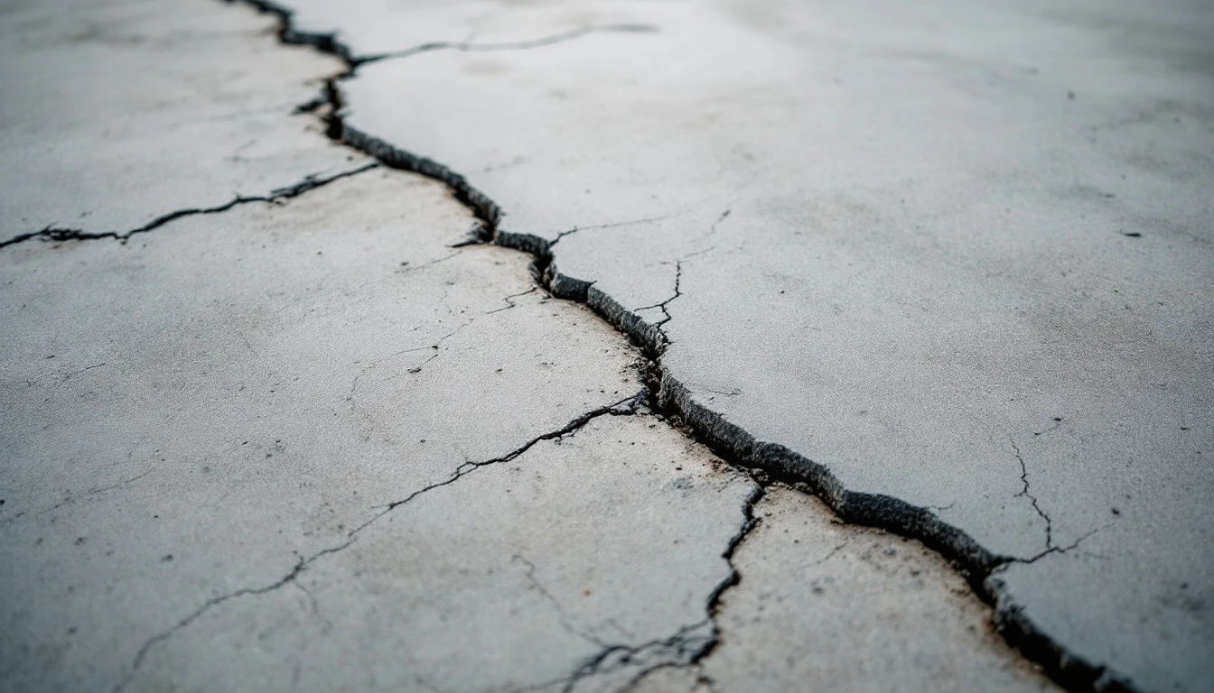 Early cracks and rough trowel patches marring a young concrete slab