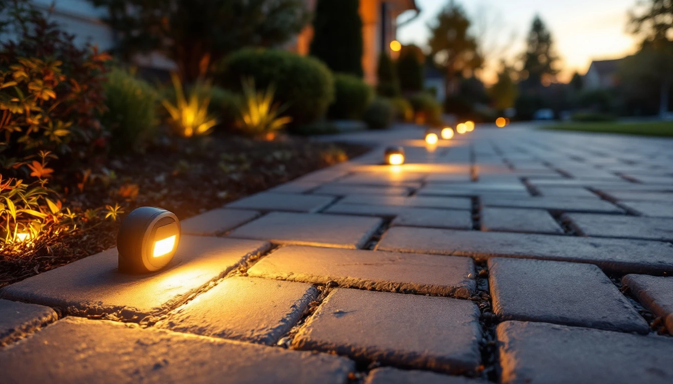 Flush sensor puck and small lights along a sealed paver driveway