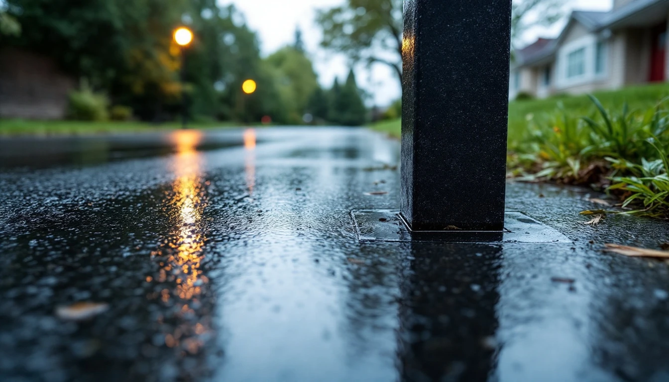 Compact camera on a low post beside a rain wet asphalt entry