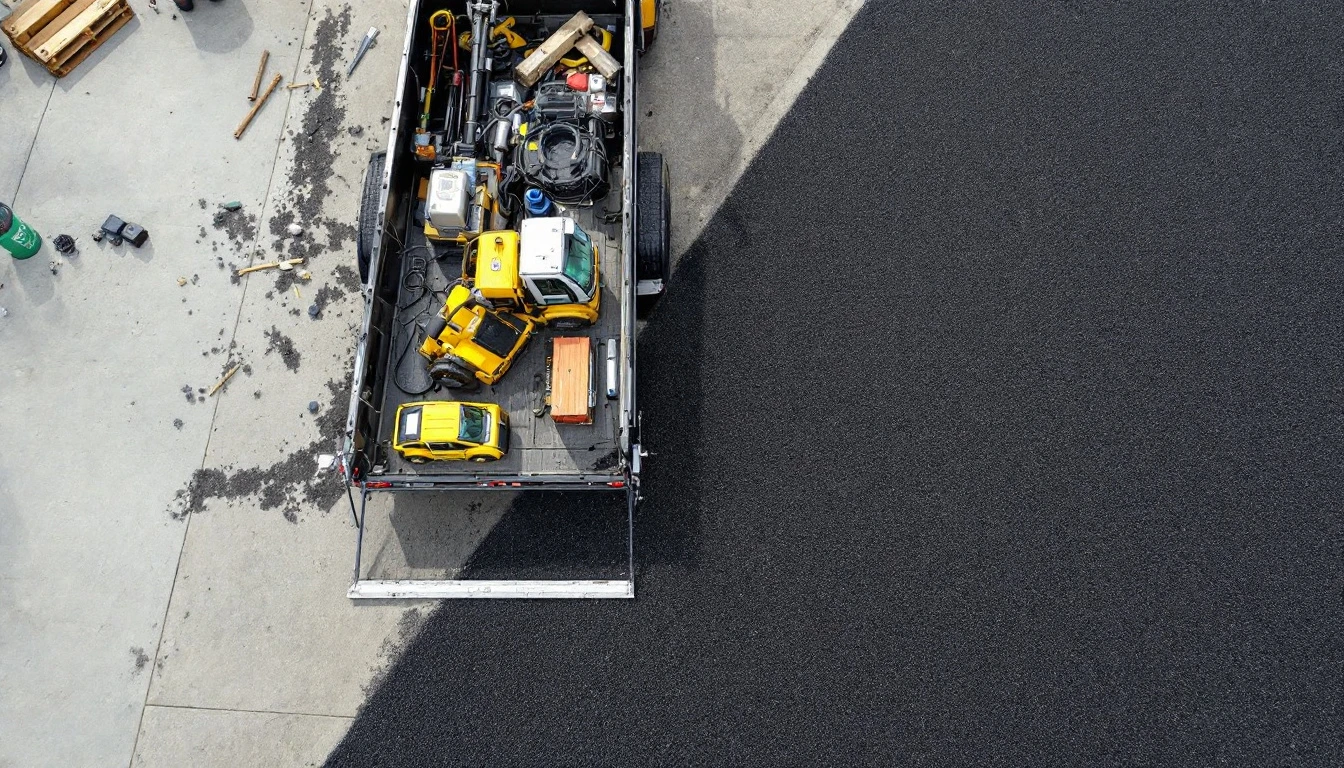 Hand equipment arranged on an open tailgate beside a fresh asphalt mat
