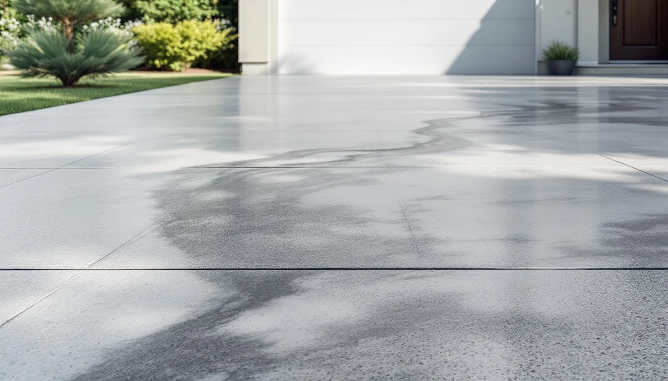 Smooth even concrete drive running up to a garage door