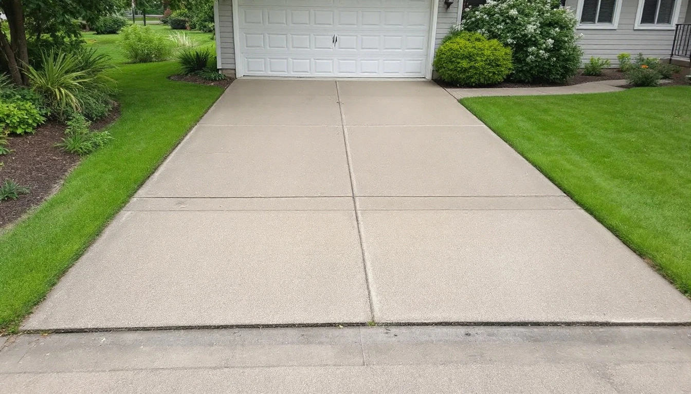 Even sealed concrete driveway with tidy edges under gray skies