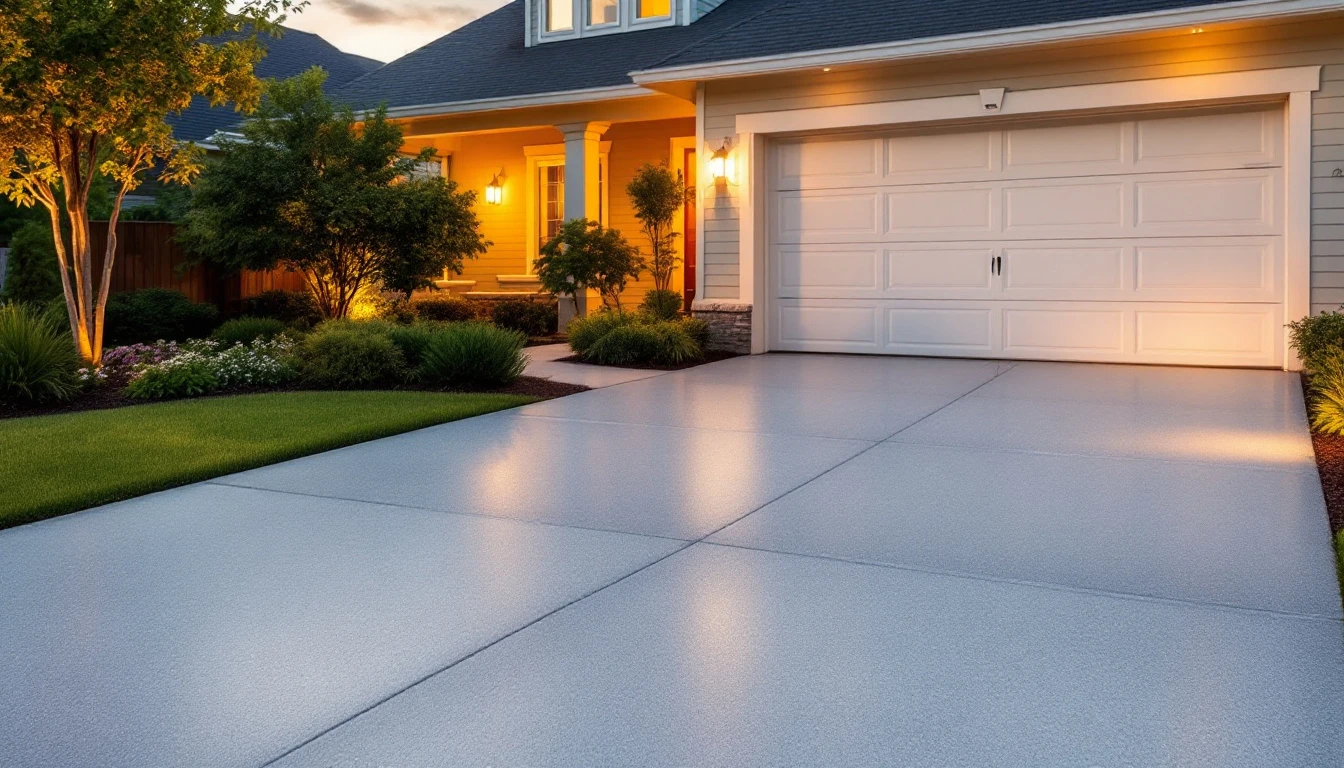 Sealed concrete drive glowing softly in warm evening light before a garage