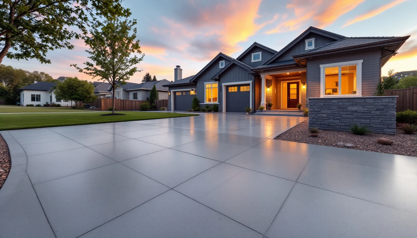 Smooth new concrete driveway catching low golden evening light