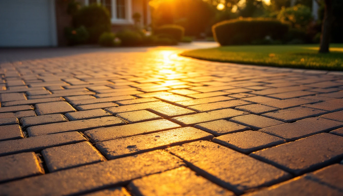 Sealed paver driveway glowing in warm evening light beside a house