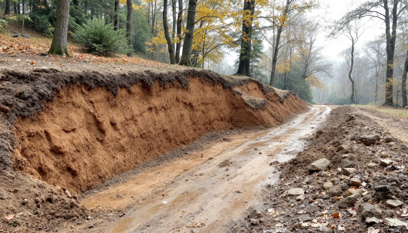 Freshly dug earth bed with steep soil walls under gray skies