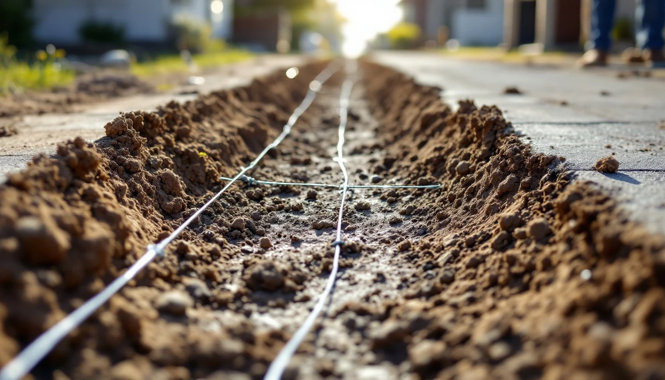 Open excavated strip with leveled soil and string lines