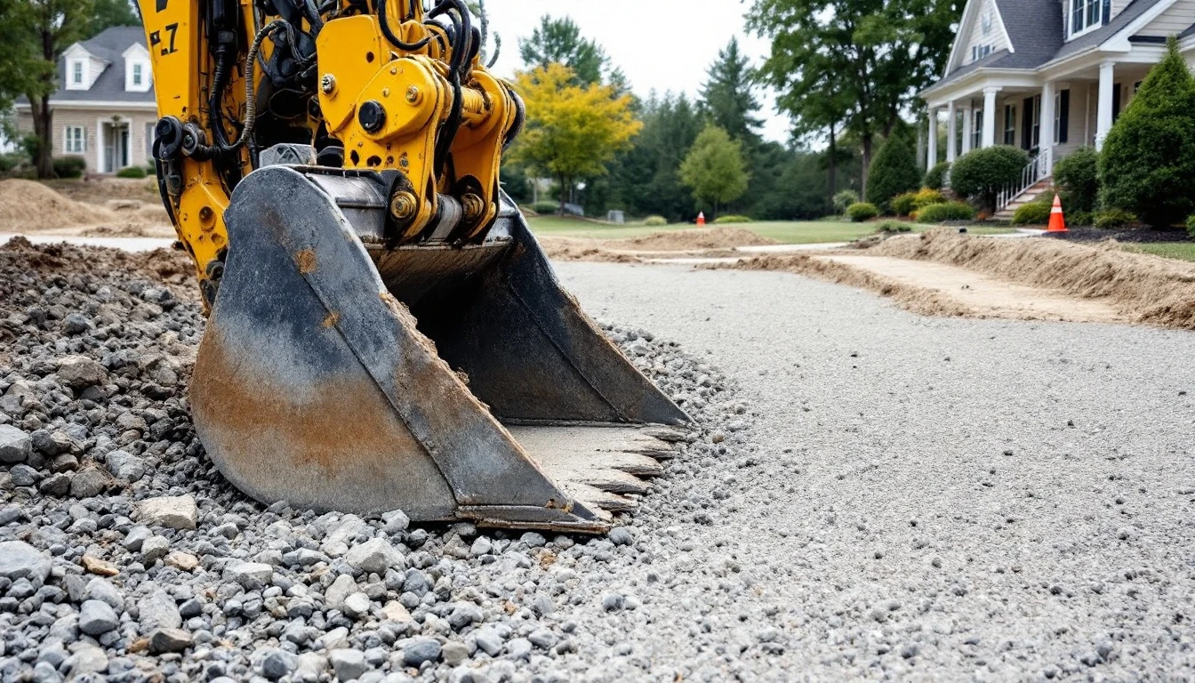 Excavator bucket resting on a graded gravel base at a driveway site