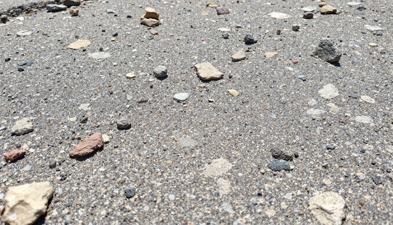 Exposed aggregate concrete texture with varied embedded stones in sunlight