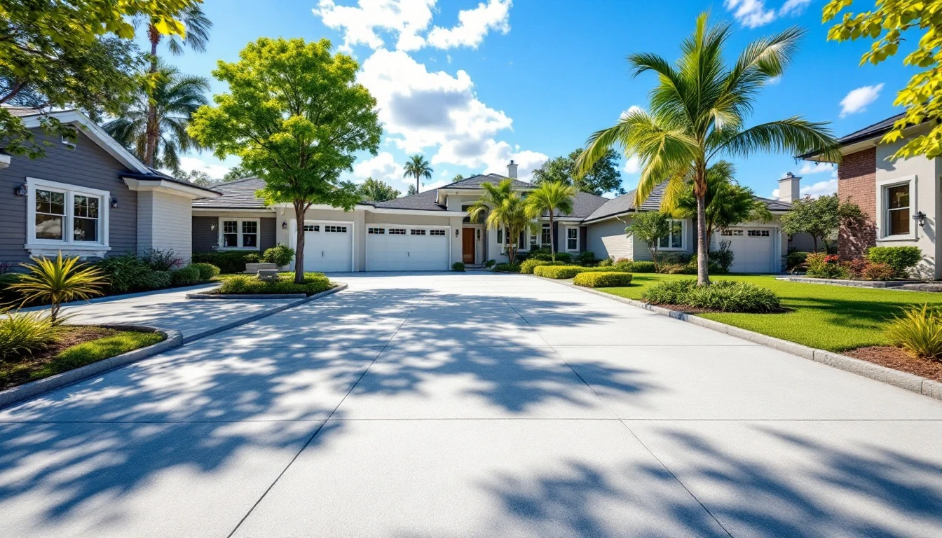 Extra wide concrete driveway with an open unobstructed approach