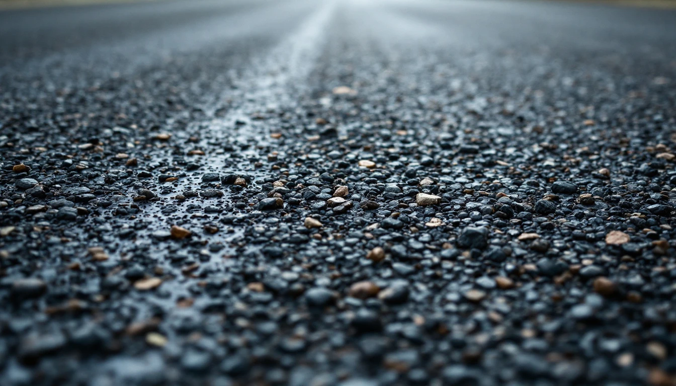 Weathered asphalt pavement with exposed stones under gray skies