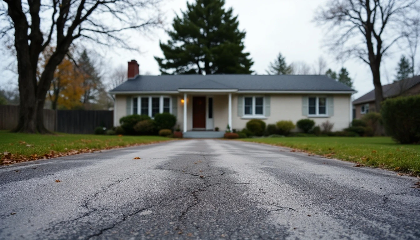 Faded weathered asphalt driveway before a modest suburban home