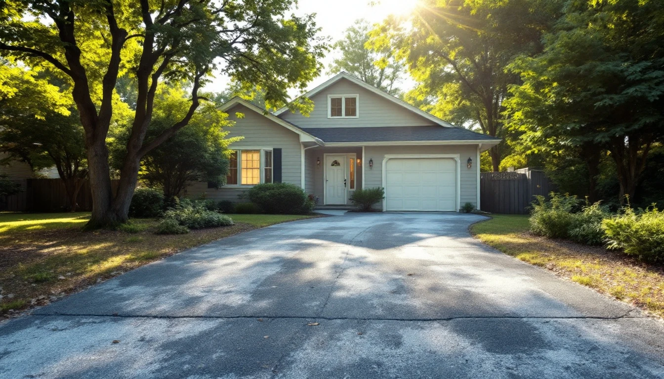 Faded asphalt driveway in front of a single story home in harsh sun