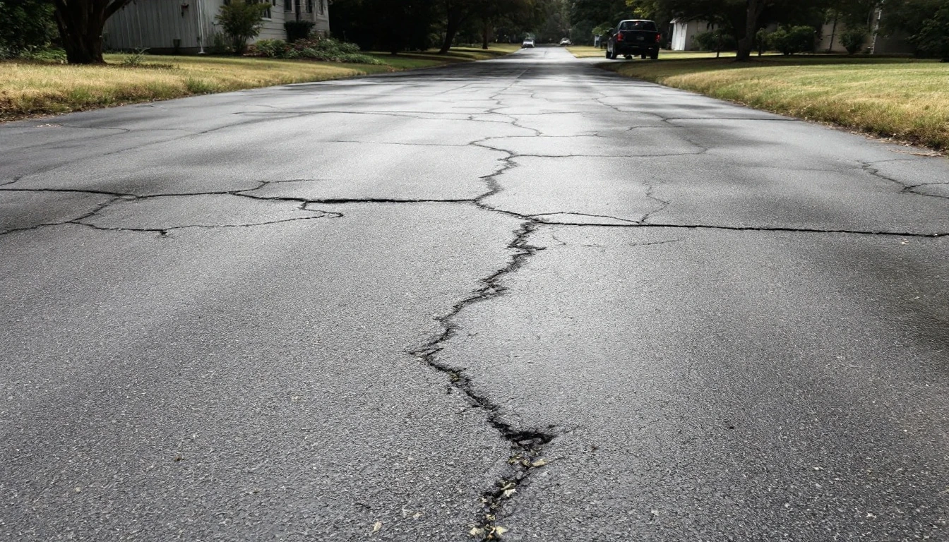 Weathered asphalt surface showing years of fading cracks and small patches