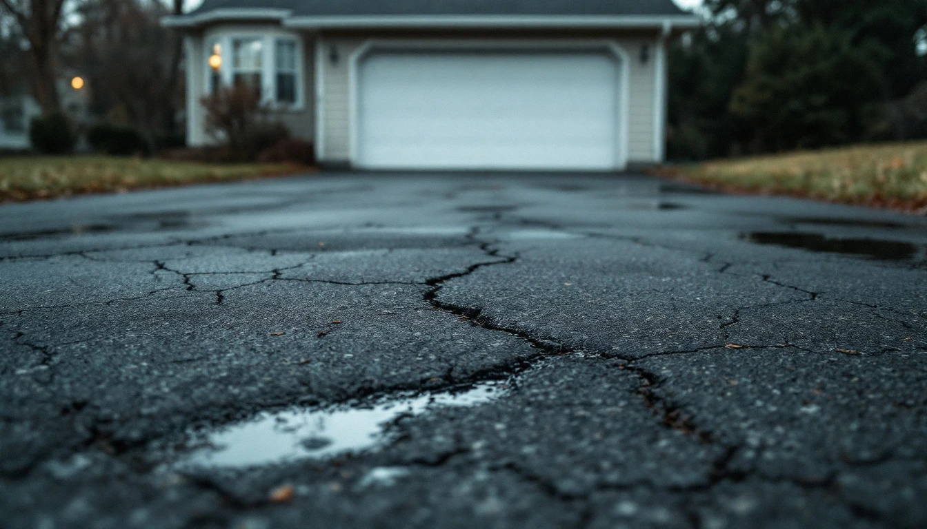 Faded cracked blacktop with oil stains before a modest garage