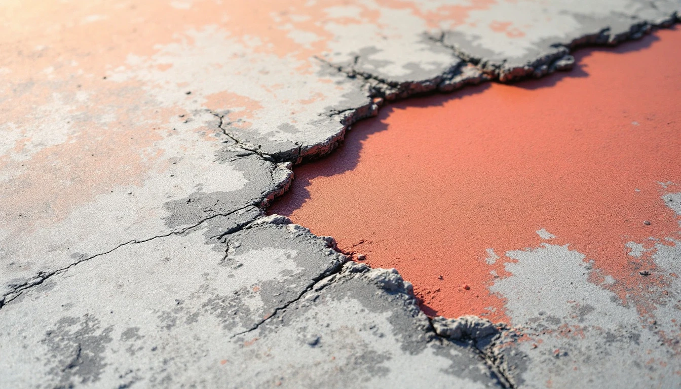 Faded paint stain partially lifted from a weathered concrete surface