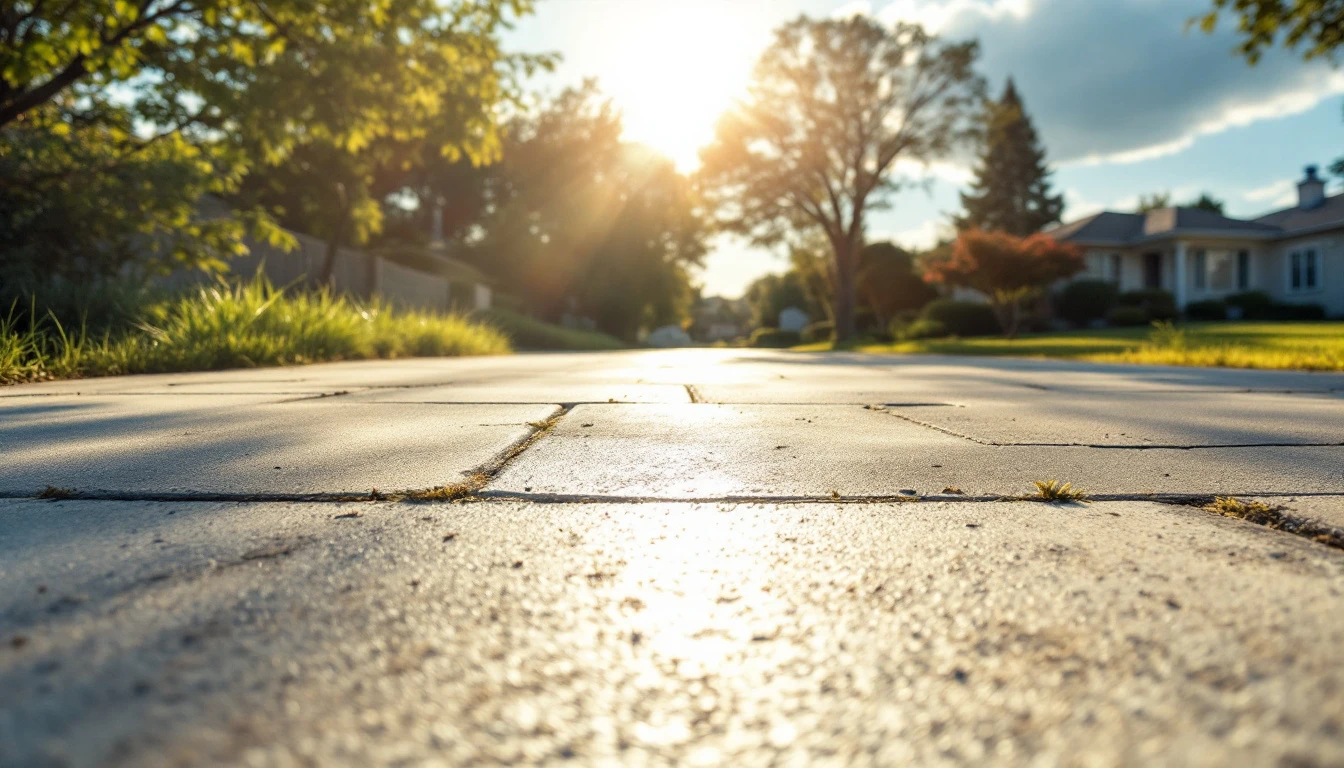 Faded pale concrete drive under harsh bright midday sun