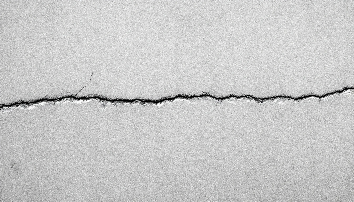 Faint hairline crack crossing a pale concrete slab under gray sky