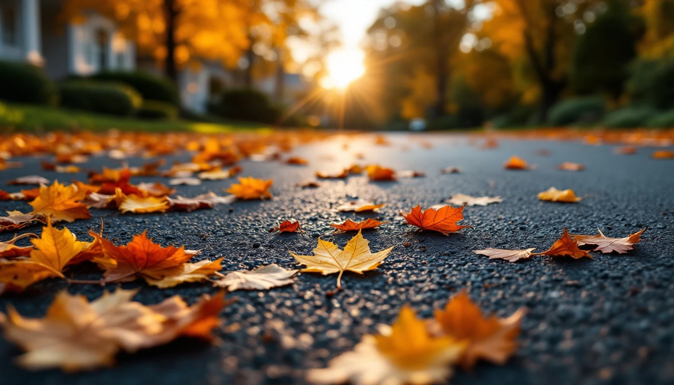 Autumn leaves scattered across a clean dark sealed driveway surface