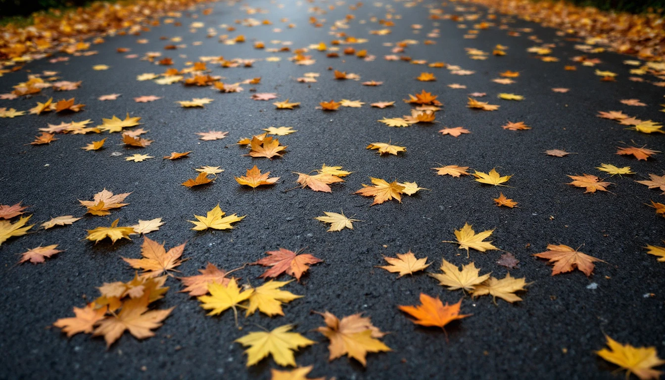 Fallen autumn leaves scattered across a dark sealed drive