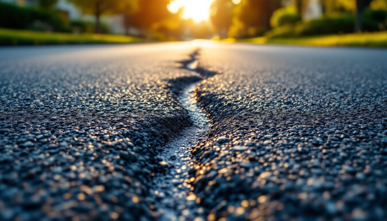 Freshly filled crack lines across a tidy asphalt frontage