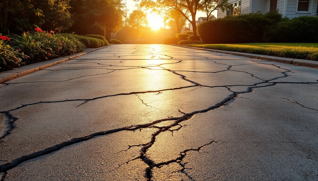 Hairline cracks tracing across an older residential concrete drive