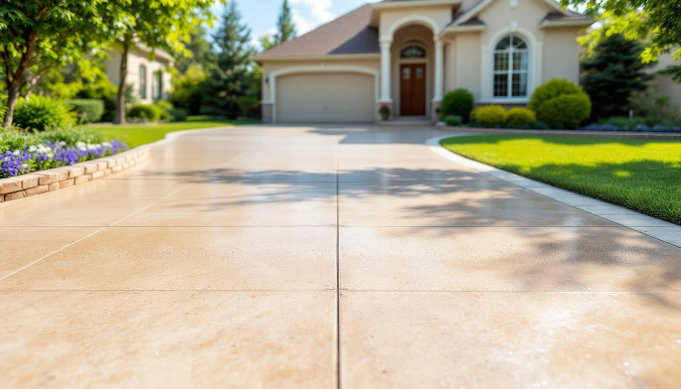 Finished concrete drive with clean broom lines in midday sun