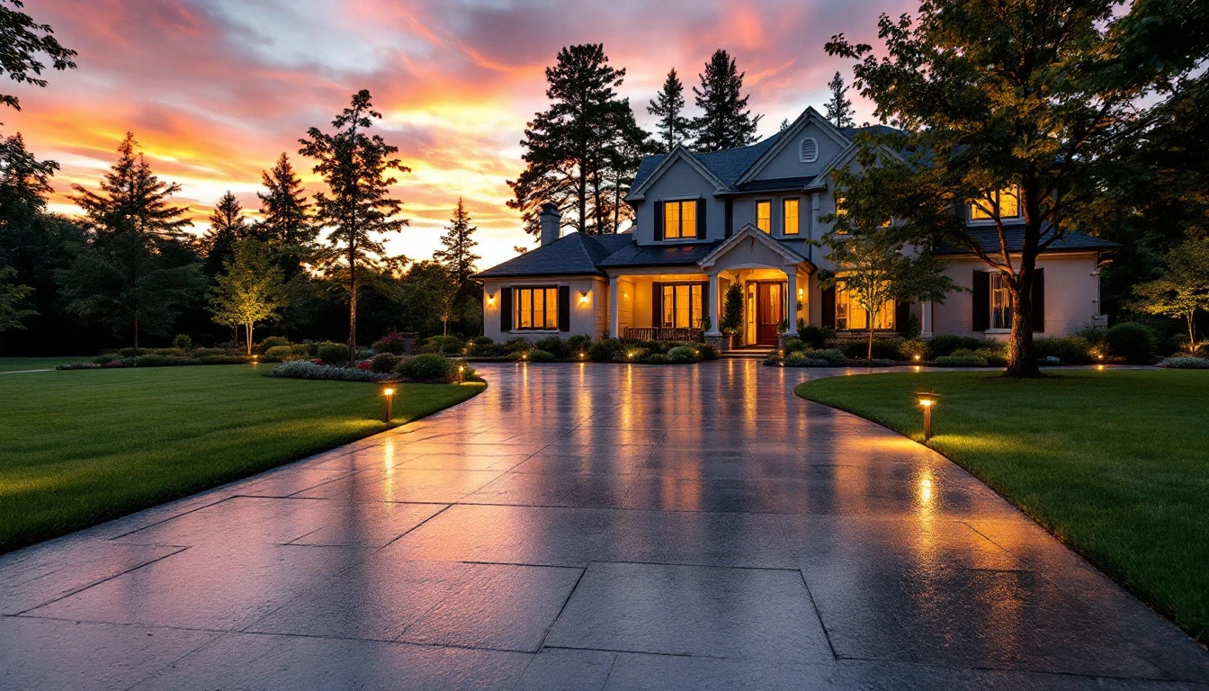 Finished concrete drive with crisp edges in warm dusk light