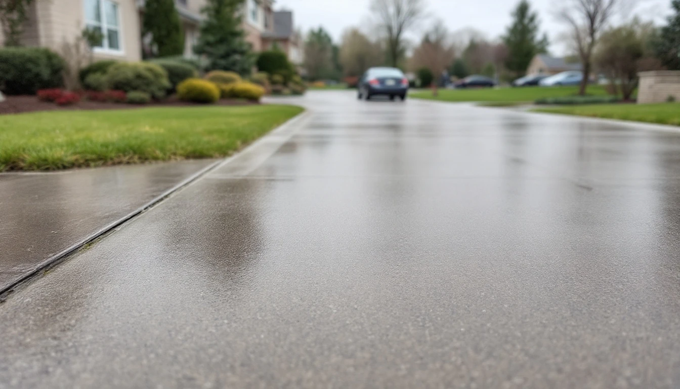 Freshly finished concrete drive with crisp edges under gray sky