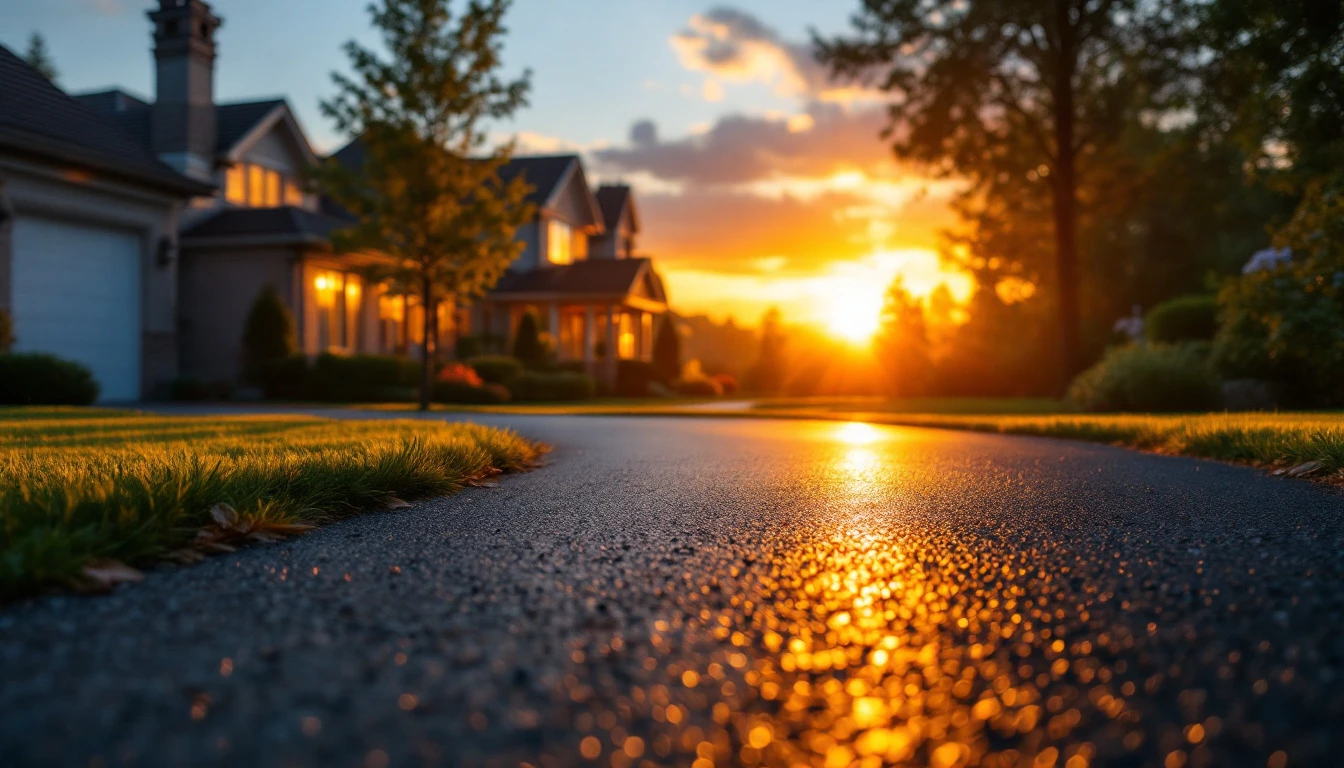 Finished sealed asphalt drive glowing in warm evening light