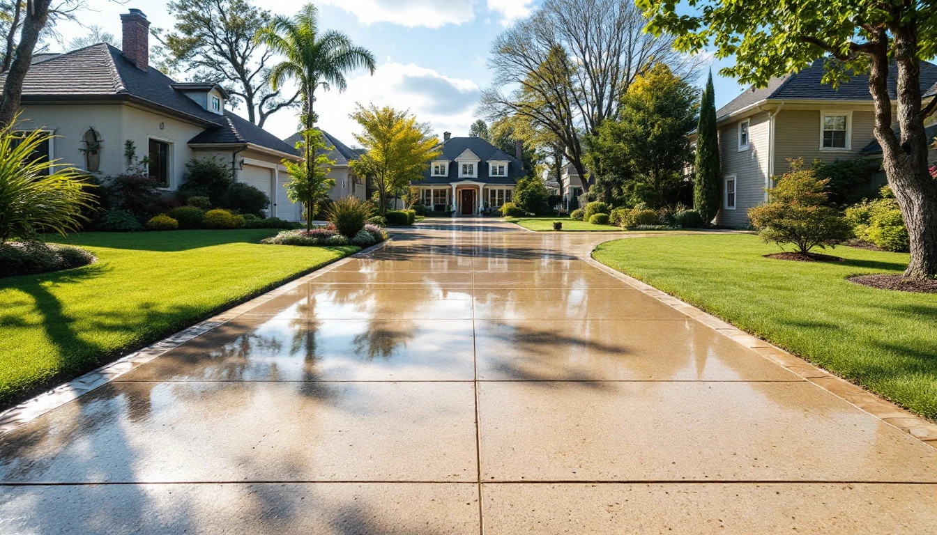 Flawless sealed concrete driveway leading to a quiet residential frontage
