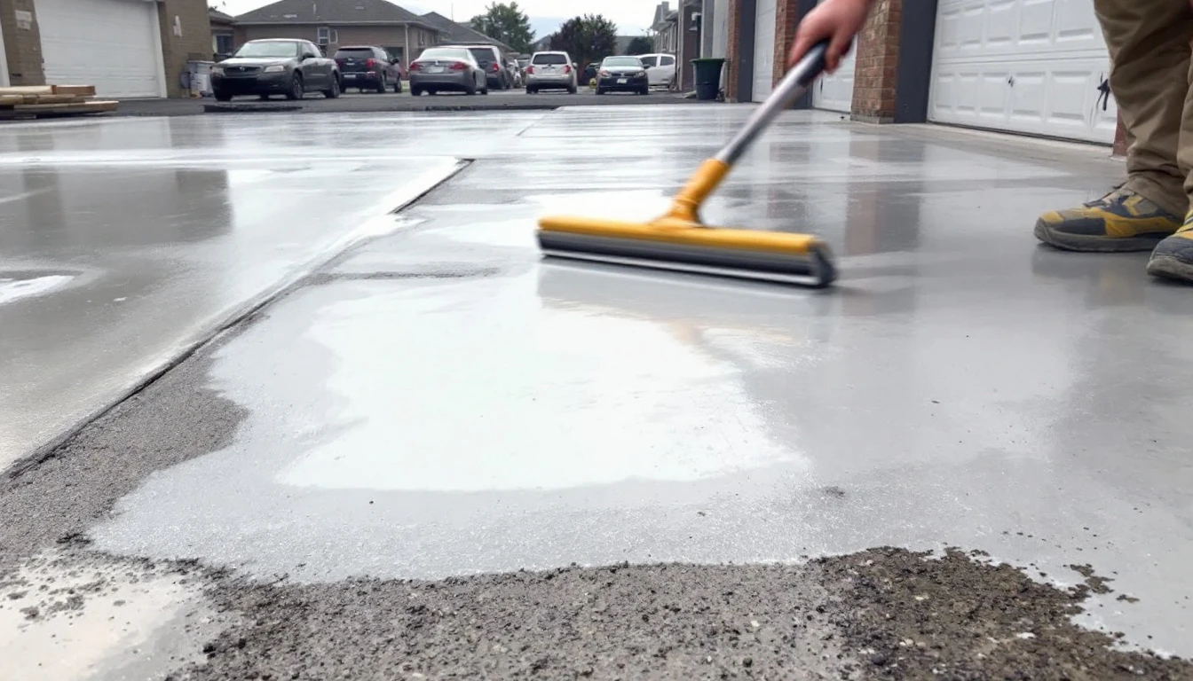 Thin polymer overlay being spread across an older concrete slab