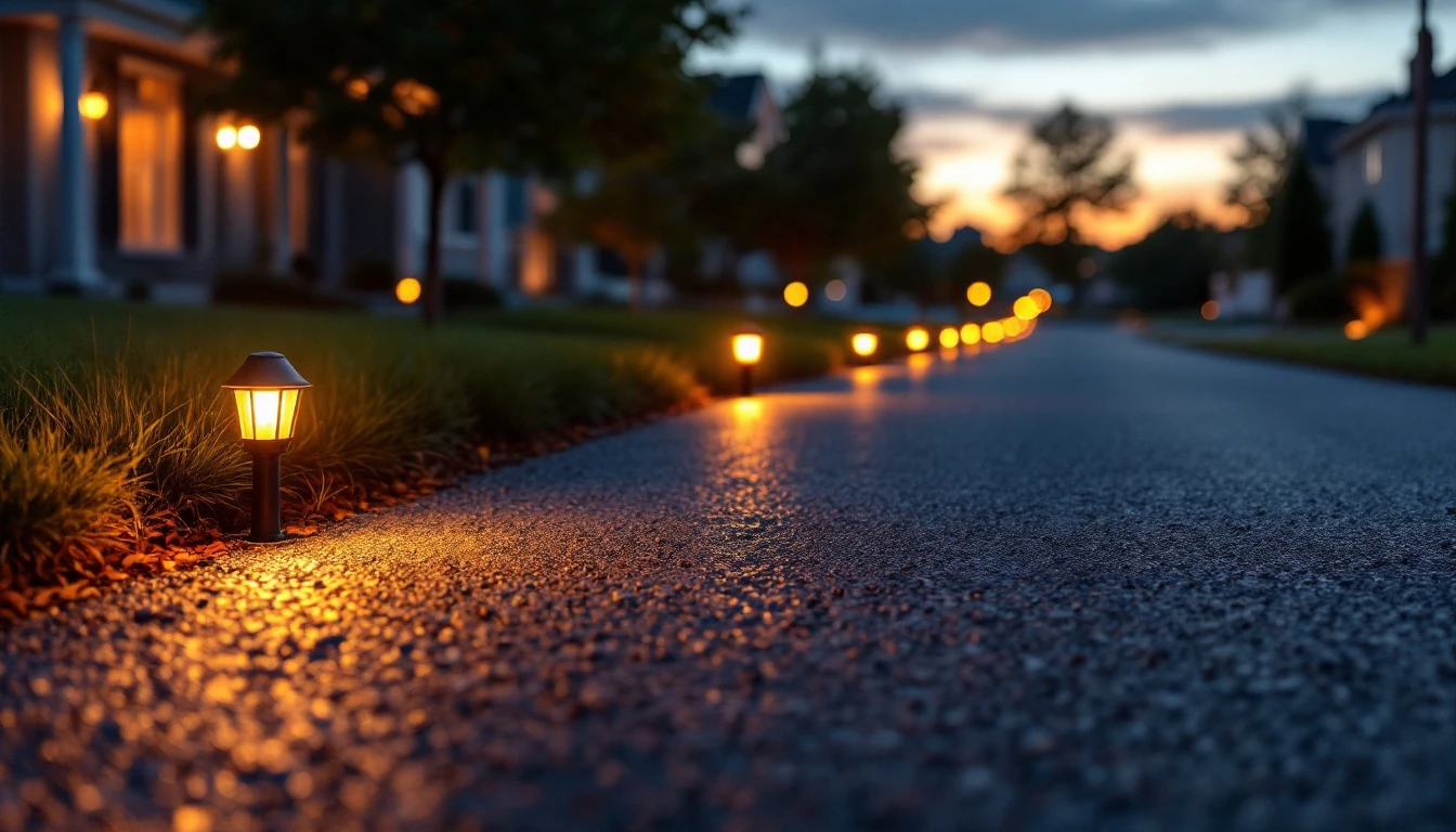Flush ground lights glowing along a sealed asphalt drive at dusk