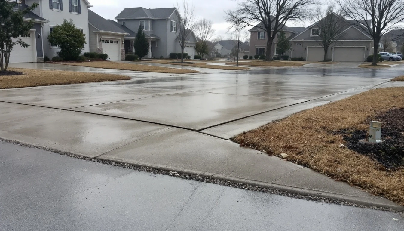 Flush concrete transition where a sidewalk crosses a driveway apron