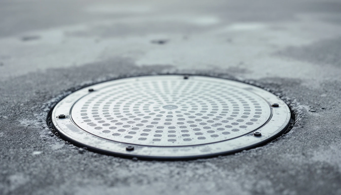 Round metal access cover set flush into a concrete slab