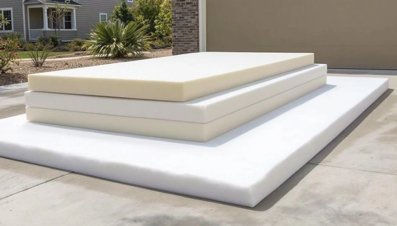 Foam padding sheets resting on a sealed concrete drive in midday sun