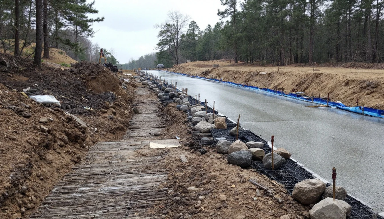 Partly poured concrete drive with forms marking the next section