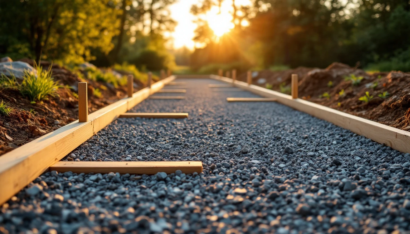 Form lumber and stakes outline a gravel driveway base