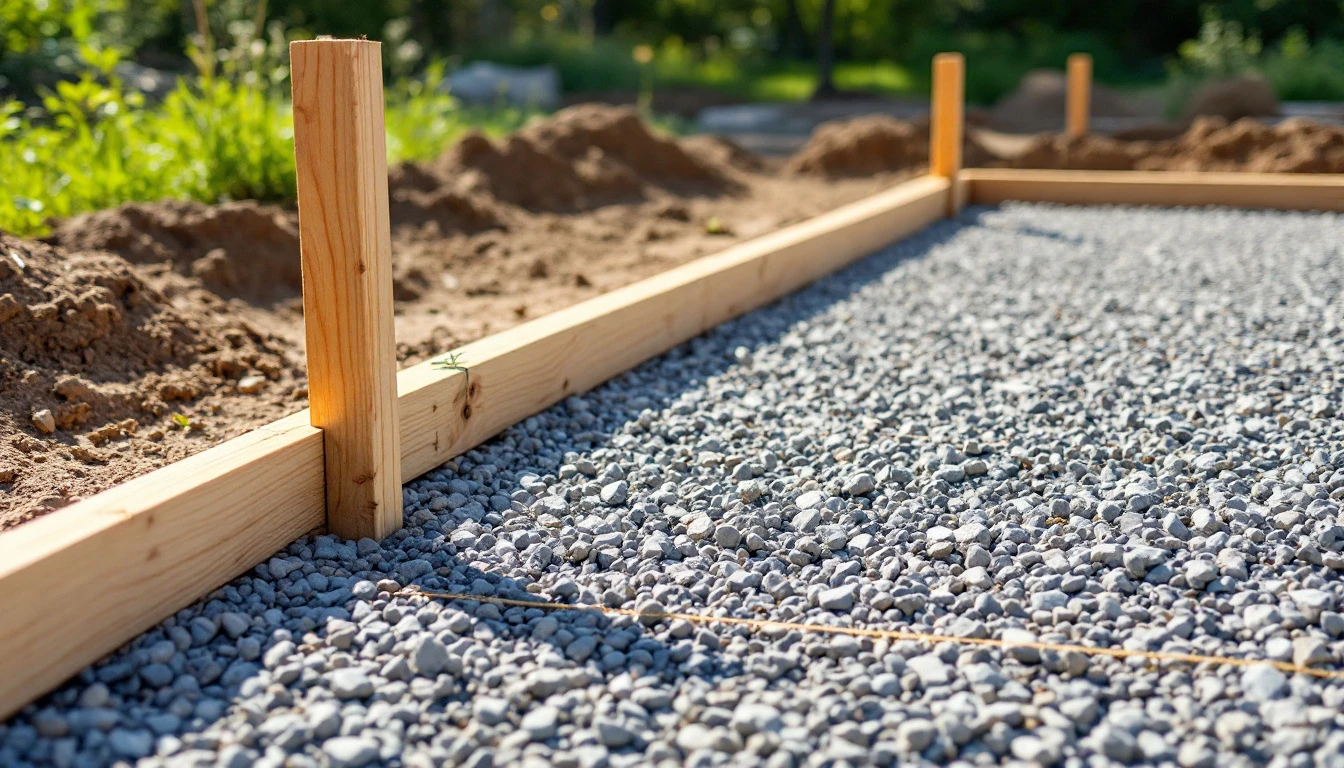 Wooden form stakes and string lines marking a leveled gravel base