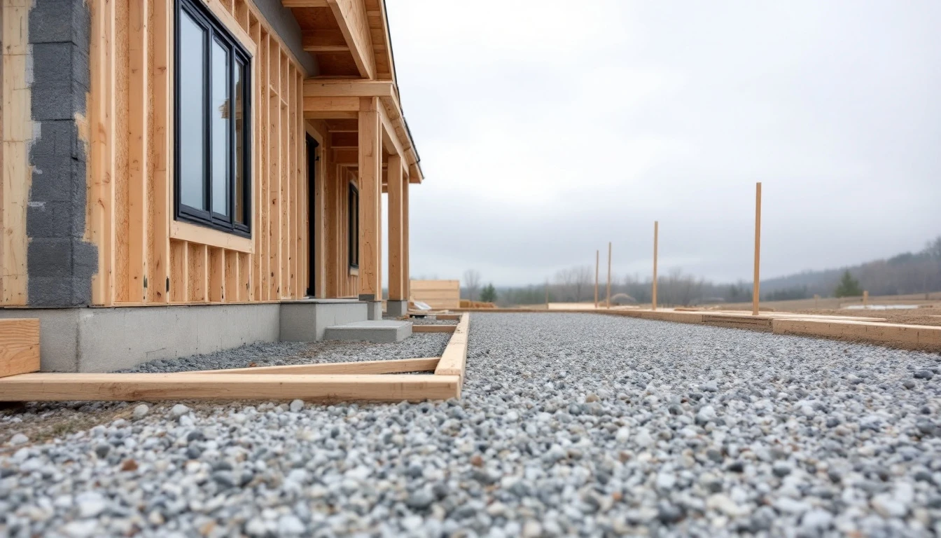 Formed gravel drive base beside a house under construction