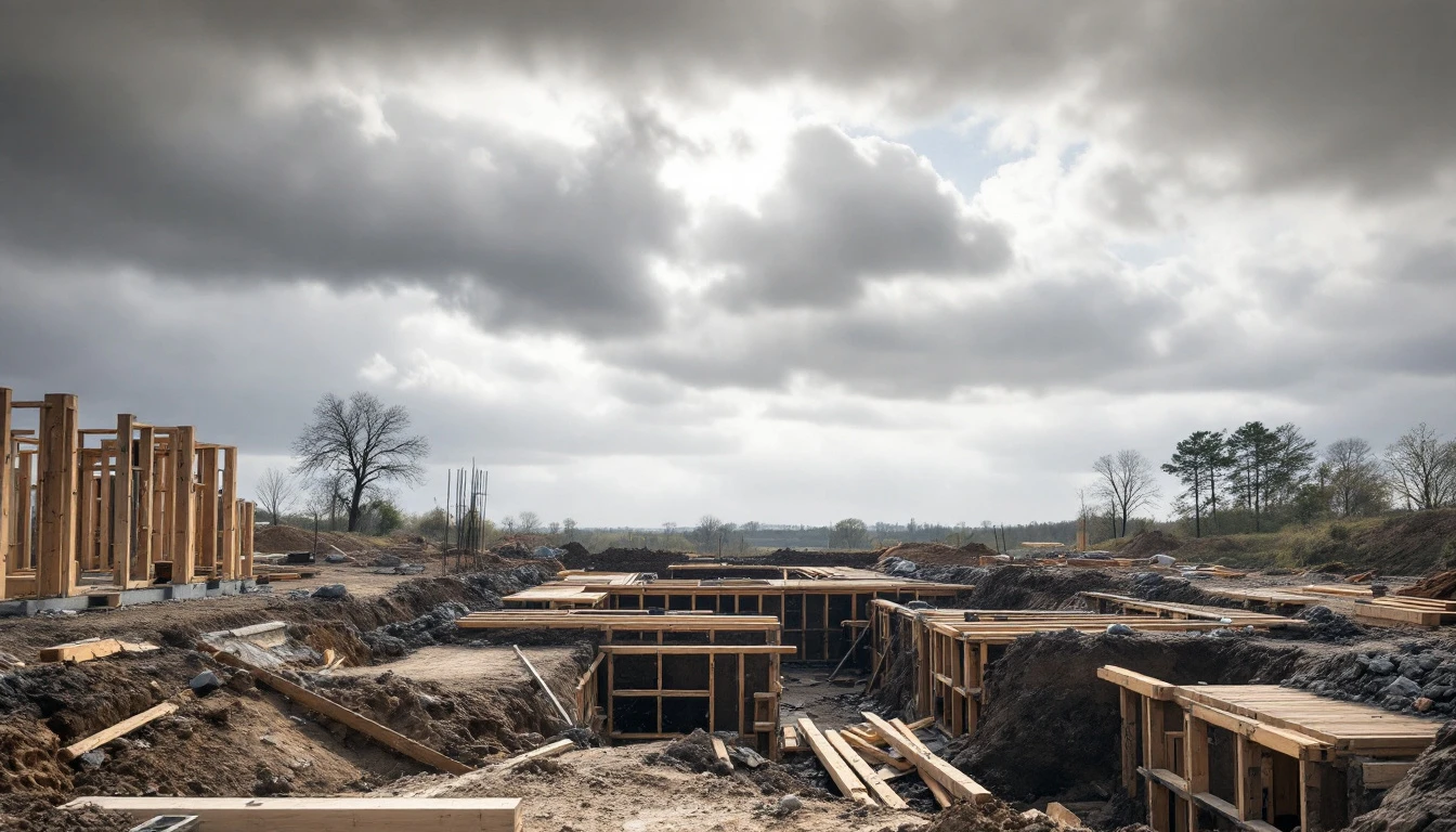 Open excavation with timber forms under gray overcast skies