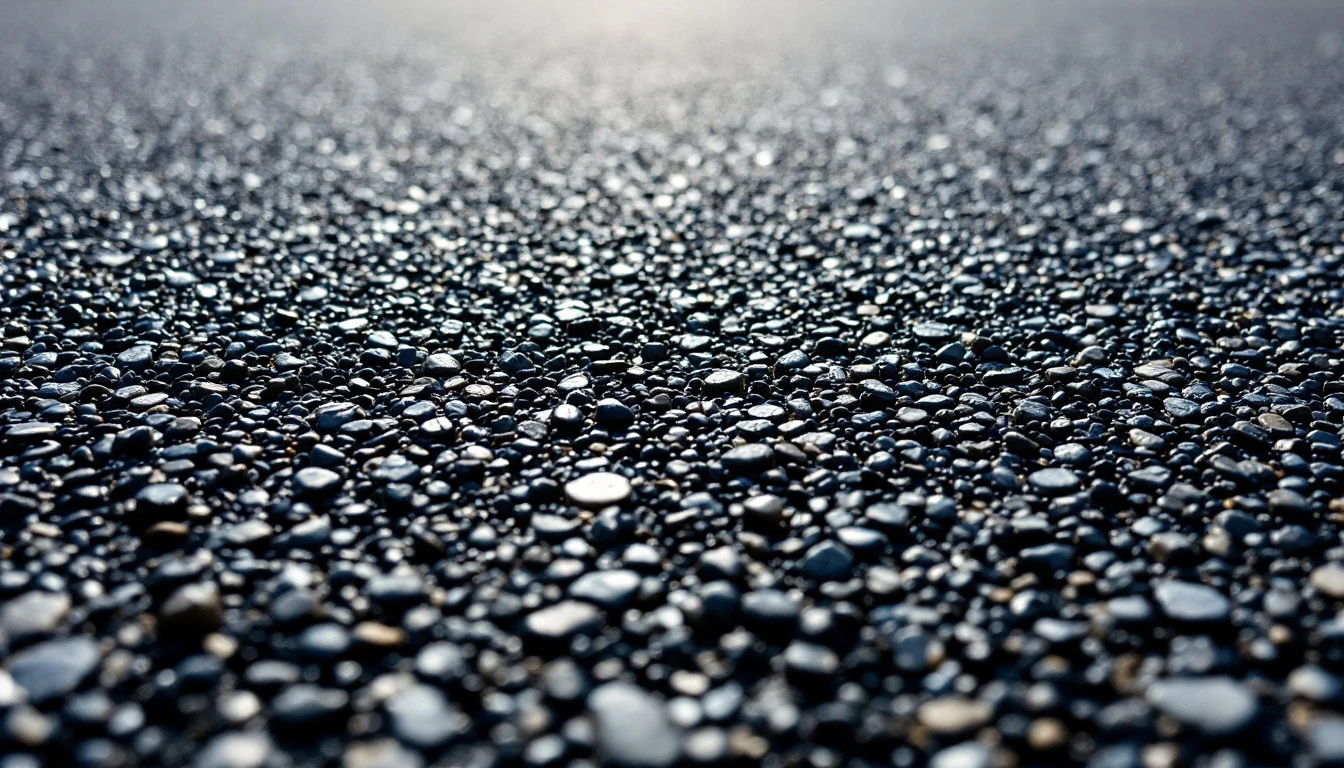 Tight aggregate texture of a freshly paved asphalt surface at midday