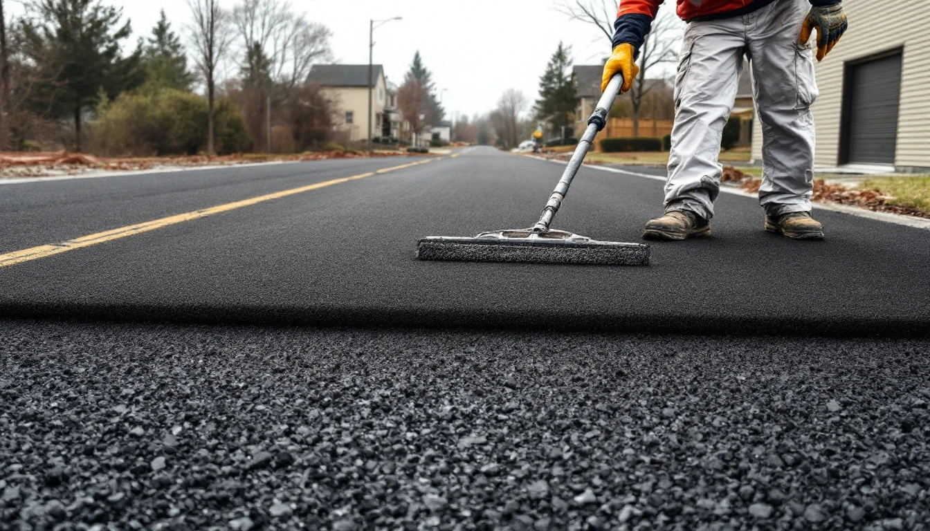 Freshly laid asphalt mat steaming gently under a flat overcast sky