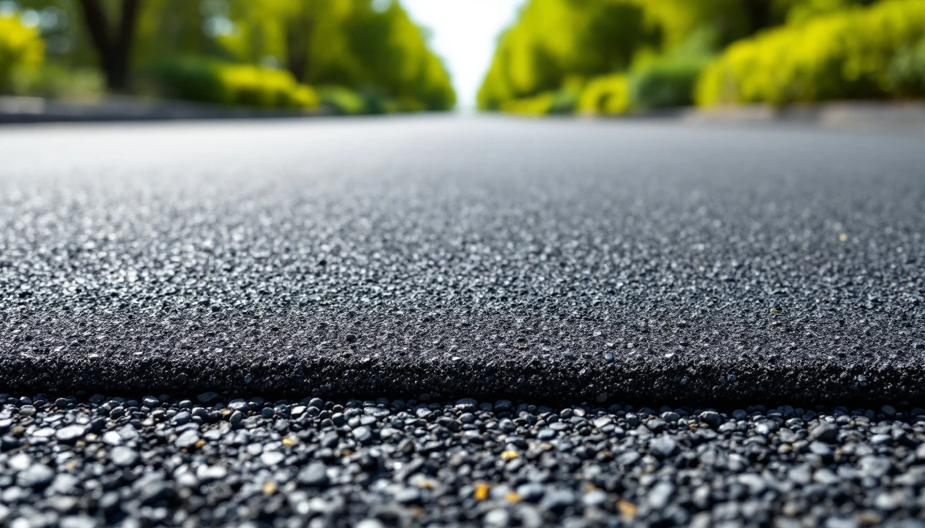Fresh black asphalt mat with a straight screed edge