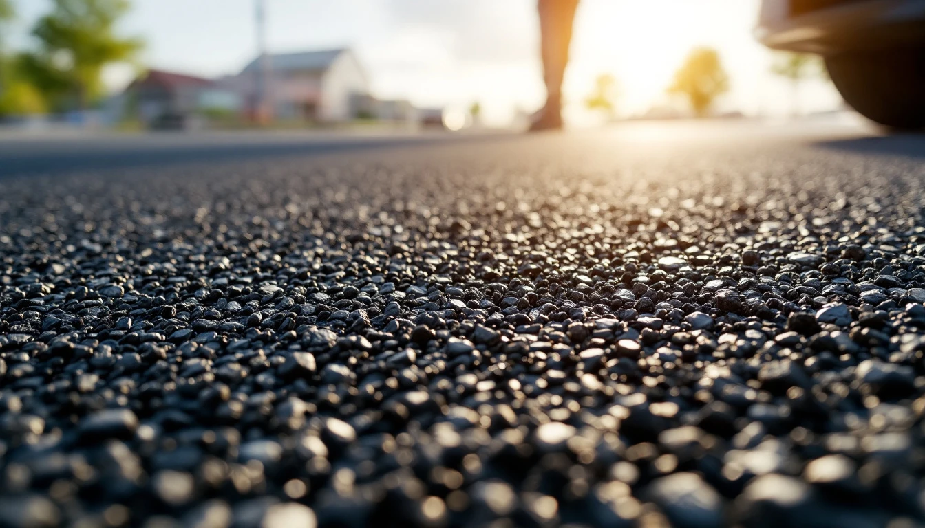 Freshly compacted asphalt mat showing tight texture under midday sun