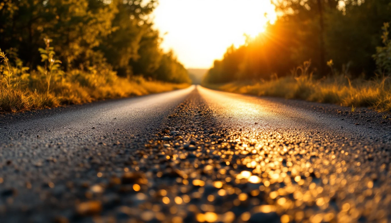 Fresh asphalt pavement ending where a gravel lane begins