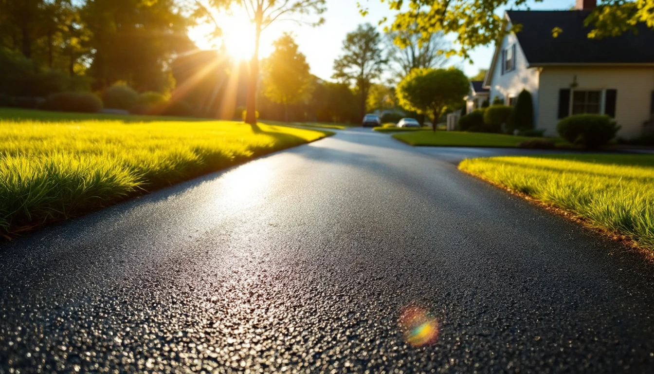 Fresh asphalt drive in bright midday sun beside a lawn