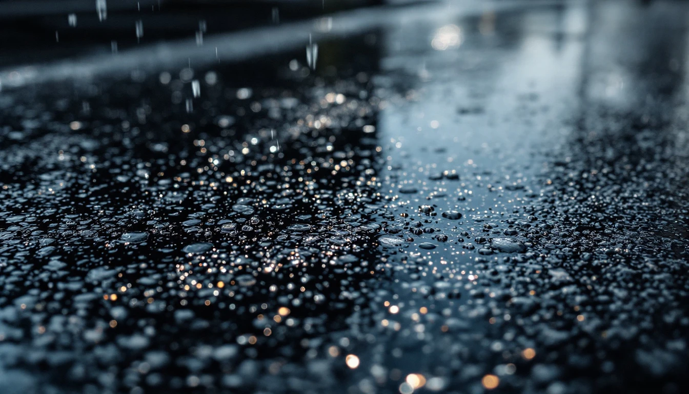 Fresh black asphalt glistening with a light sheen after rainfall