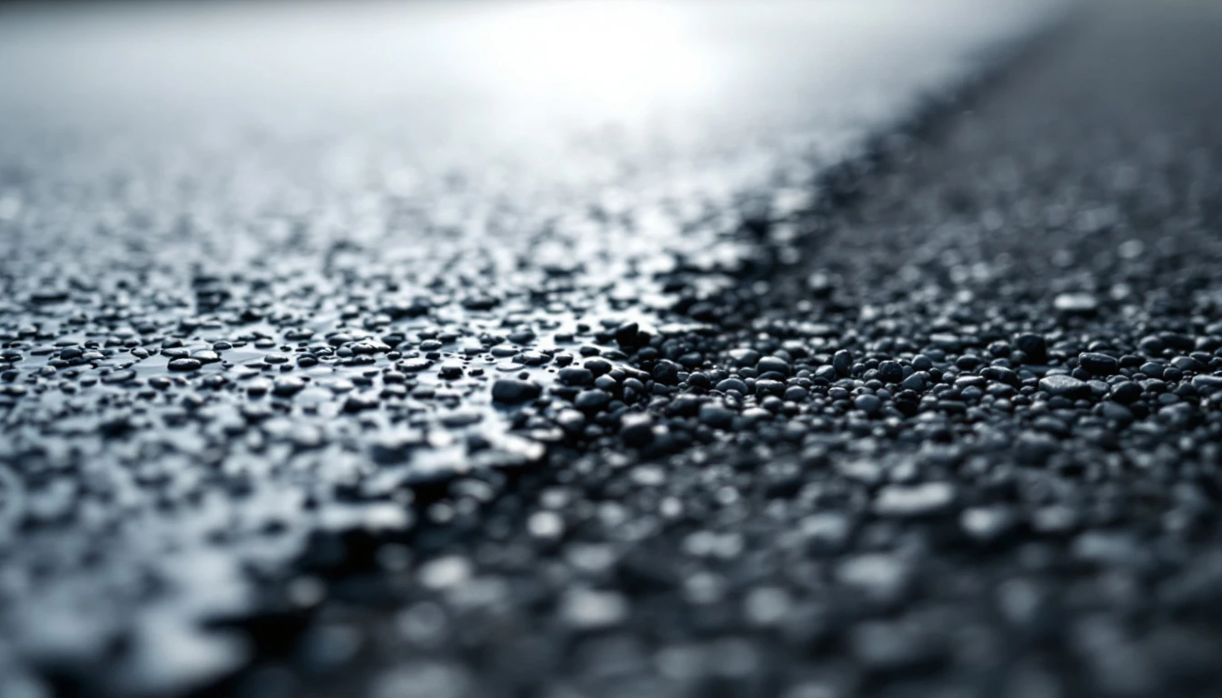 Fresh asphalt surface with a clean sawn edge under overcast sky