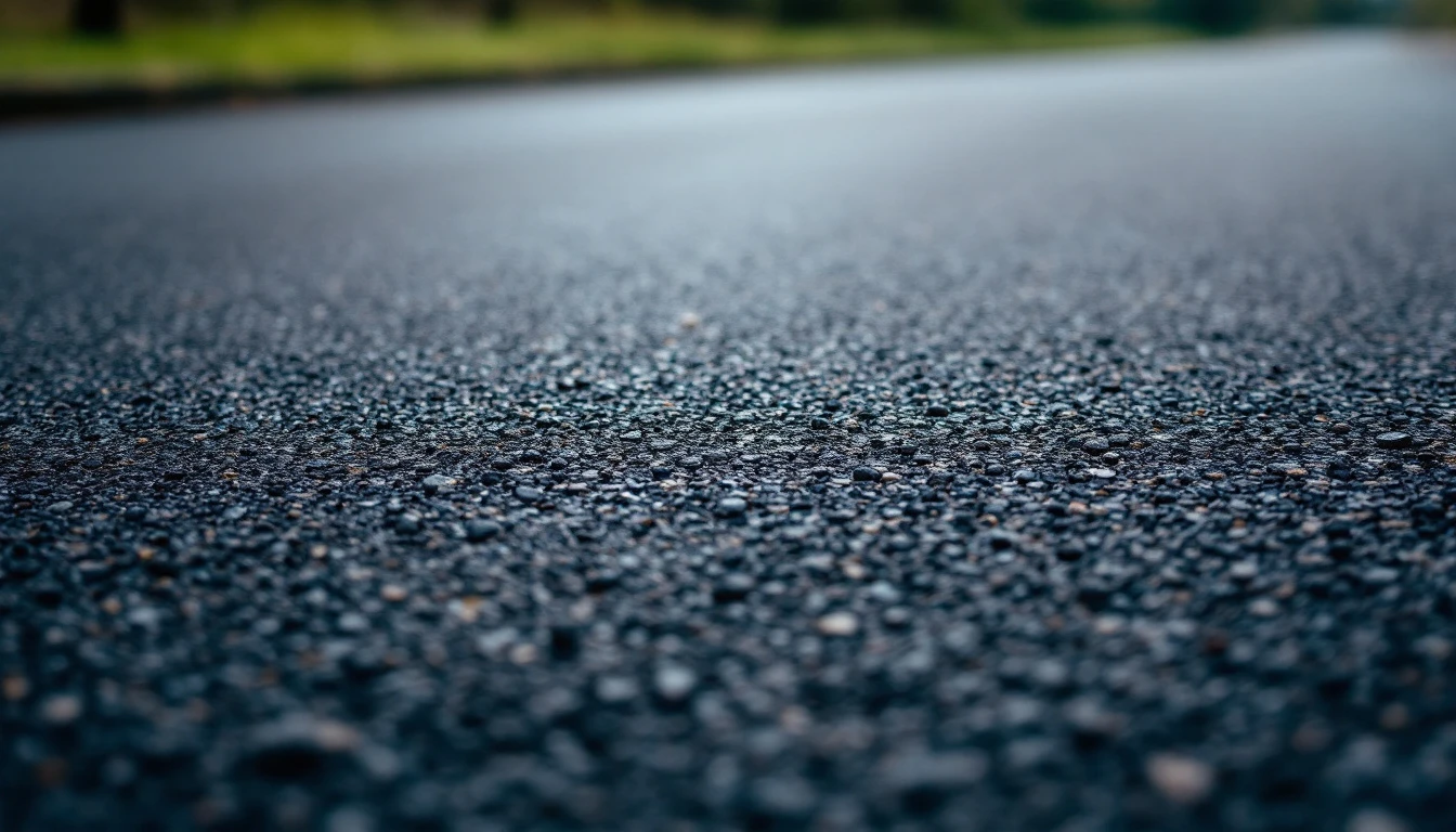Fresh black asphalt surface with fine aggregate texture up close